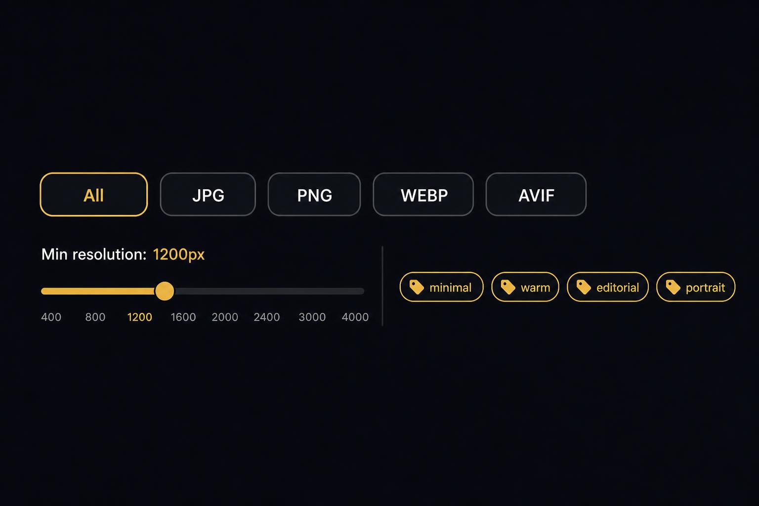 Smart filters: resolution slider, format pills, tag chips